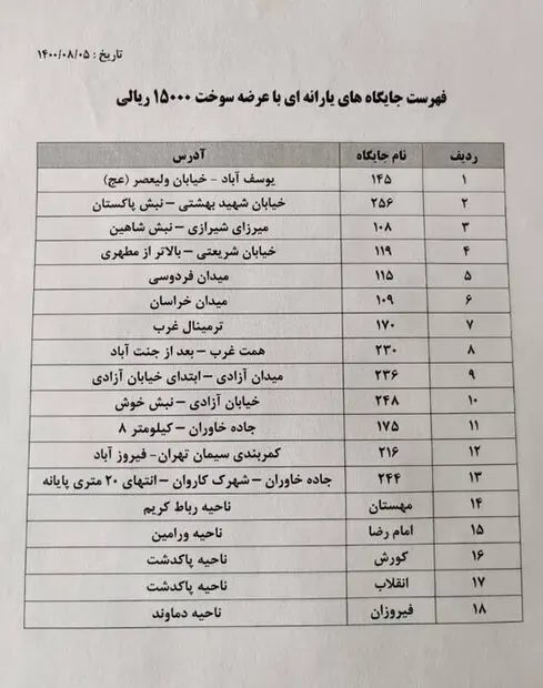  جایگاه‌های فعال عرضه بنزین سهمیه‌ای در تهران 